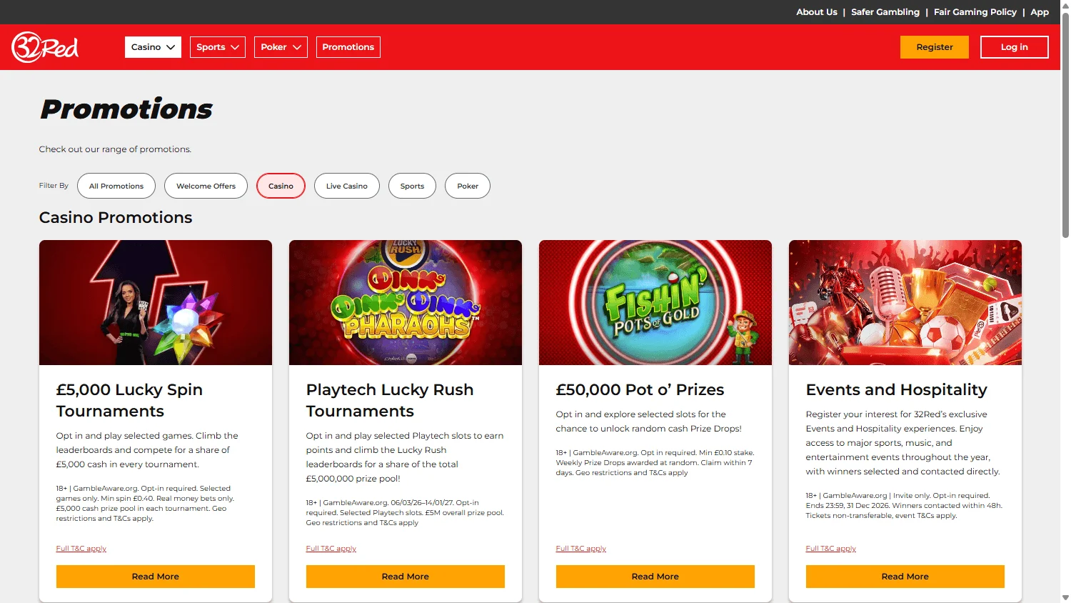 32Red Casino desktop promotions area with tournaments and promotional offers