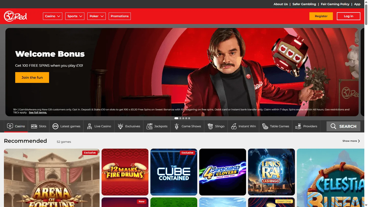 32Red Casino desktop home showing casino games and account offer