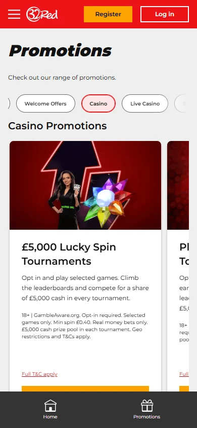 32Red Casino mobile promotions area showing available tournaments and rewards