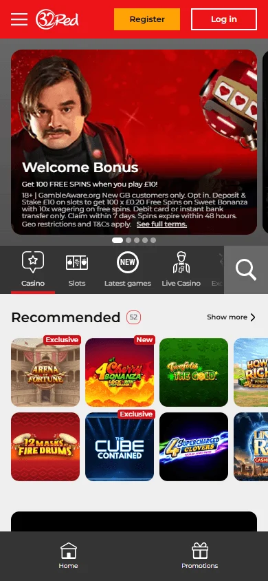 32Red Casino mobile app showing casino games and mobile browsing options